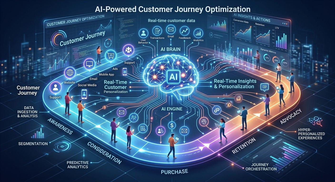 Learn how AI-powered customer journey optimization helps businesses personalize experiences, predict customer behavior, automate engagement, and improve conversions.